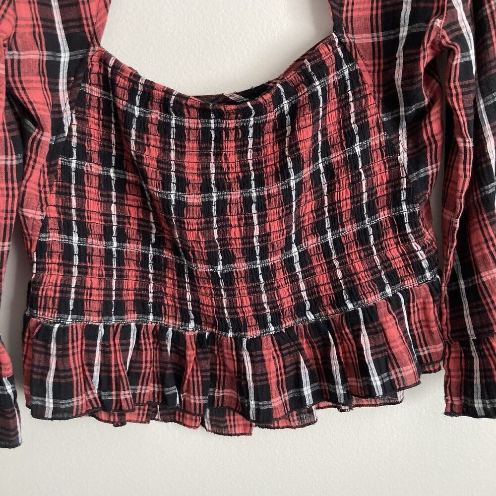 Free People Nicole Smocked Plaid Top Red Black Cropped Open Back Size Medium - Picture 9 of 11